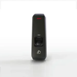 Front view of the black Virdi AC2000 Biometric Terminal showing the optical fingerprint sensor and status LED indicators.