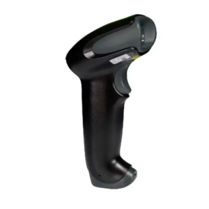 High-resolution studio shot of a black Honeywell Voyager 1250g handheld laser barcode scanner.