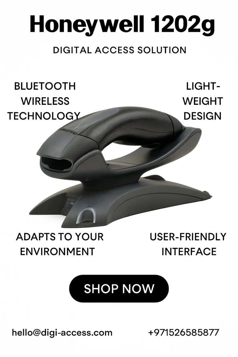 Infographic displaying key features of the Honeywell 1202g, including Bluetooth connectivity, long battery life, and 1D laser scanning.