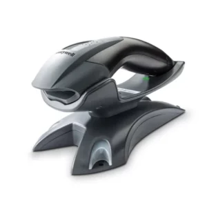 Honeywell Voyager 1202g scanner docked in its vertical charging and communication base - side view