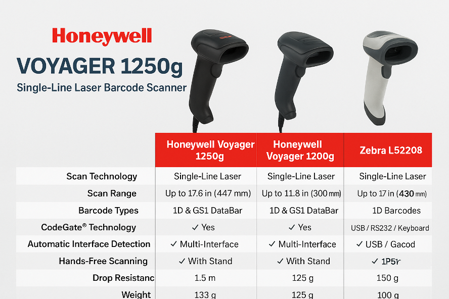 Honeywell Voyager 1250g Single-Line Laser Barcode Scanner | USB & RS232 Multi-Interface | Retail, Warehouse & POS Use - Image 3
