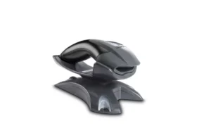 Honeywell Voyager 1202g scanner docked in its vertical charging and communication base - side view