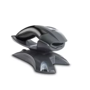 Honeywell Voyager 1202g scanner docked in its vertical charging and communication base - side view