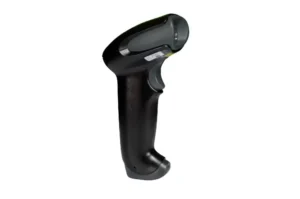 Black Honeywell Voyager 1250g handheld laser barcode scanner with ergonomic handle and USB cable on a white background