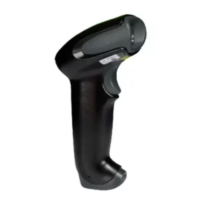 Black Honeywell Voyager 1250g handheld laser barcode scanner with ergonomic handle and USB cable on a white background