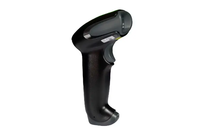 Black Honeywell Voyager 1250g handheld laser barcode scanner with ergonomic handle and USB cable on a white background